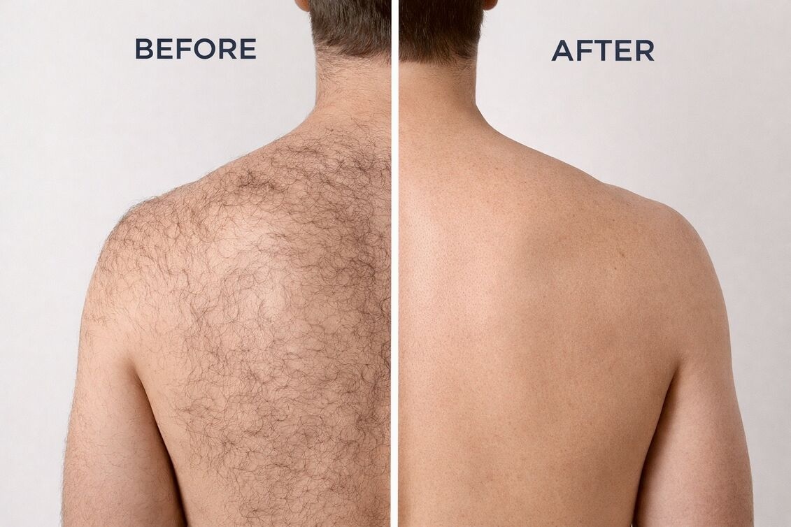 Before and after professional body hair removal results